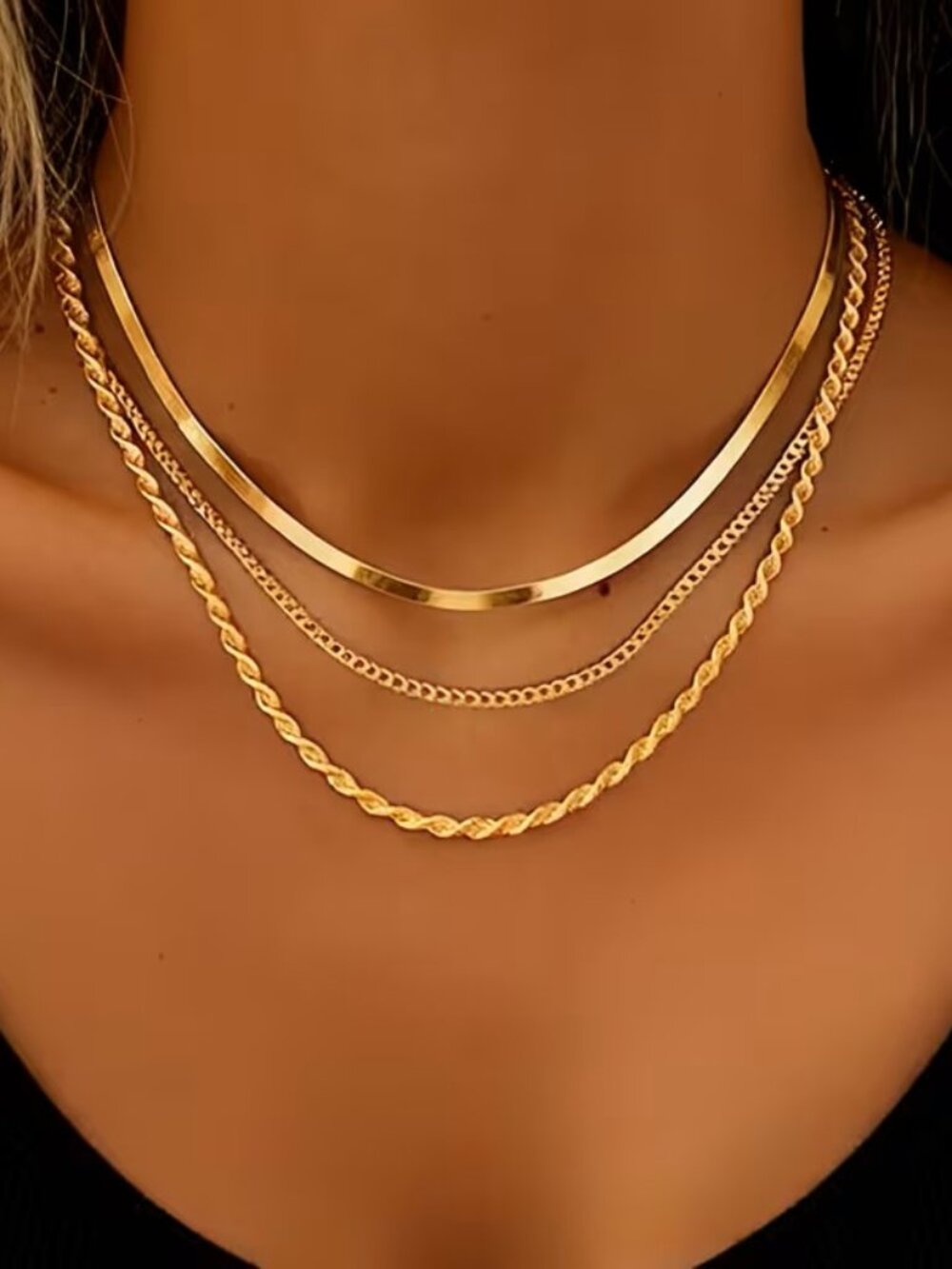 Gold Womens Layered Chain Necklace Set Herringbone Rope Curb Choker Jewelry Gift